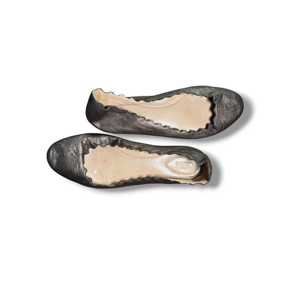 Chloe Lauren Ballet Flats Pewter‎ Metallic Scalloped Leather Shoes 37.5